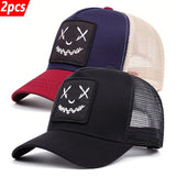 2pcs Gorras de Béisbol Hip Hop para Mujer - Snapback Ajustable, Poliéster Ligero con Bordado de Cara Traviesa, Malla Transpirable en la Parte Trasera - Perfectas para la Moda al Aire Libre
