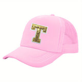 OKOIUM Gorra de Béisbol con Letras Brillantes para Niñas y Niños - 26 letras del alfabeto A-Z, Cierre Snapback Rosa Dorado Reluciente, Parte Trasera Transpirable en Malla, Tamaño Ajustable 4-10 años. Ideal como Sombrero Casual Diario o Fiestas Escolares (