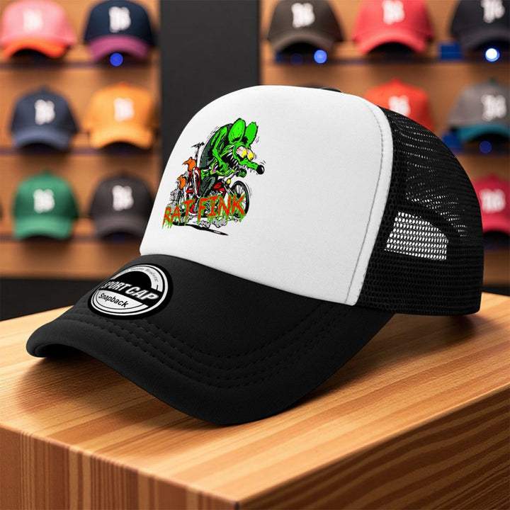 1 pieza de gorra de béisbol de dibujos animados Rat Fink - Tejido de malla transpirable verde y rojo, gorra ligera para golf, pesca y uso casual, lavable en máquina, ropa de cabeza para exteriores | Diseño juguetón | Equipo de cabeza duradero