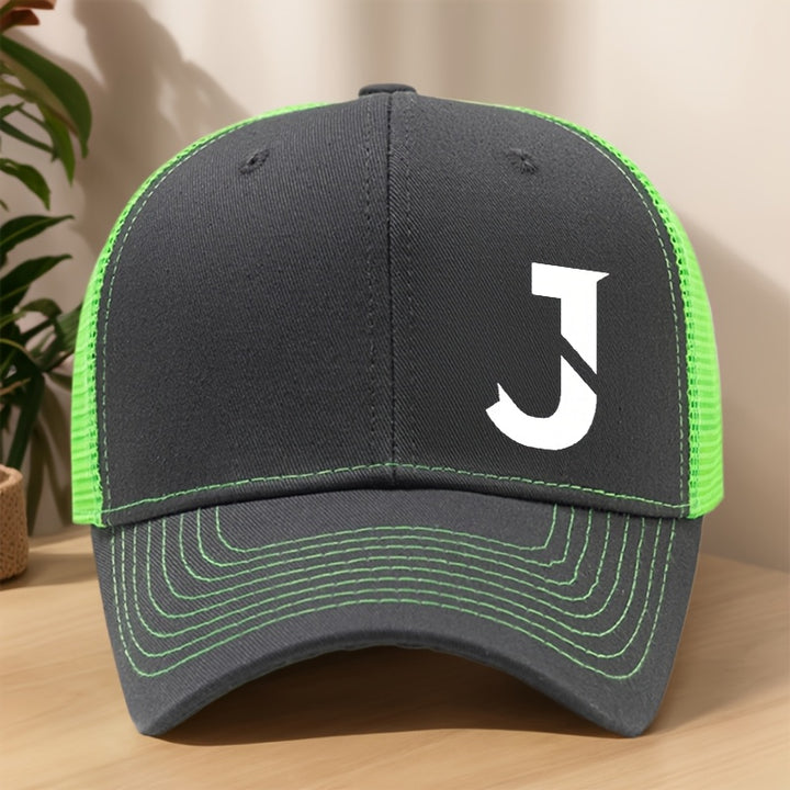 Gorra de béisbol con letra J impresa, diseño creativo - Gorra de malla transpirable y ajustable para primavera/verano, ideal para actividades al aire libre, deportes, senderismo, pesca y protección solar - Material de poliéster, tela sin estirar, liger...