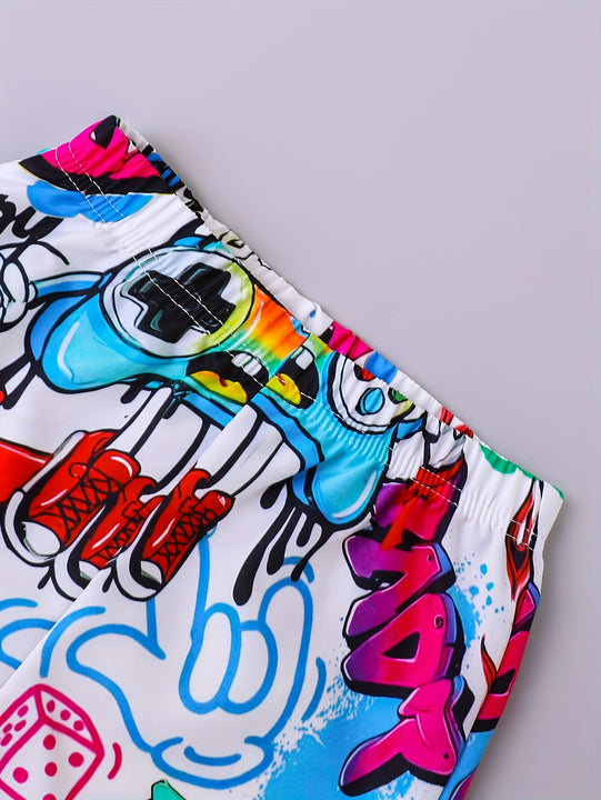 Conjunto de 3 piezas para Niños: Camisa Casual de Verano con Estampado Aleatorio y Cuello, Shorts y Sombrero Portátil - Ropa Deportiva Ligera y Cómoda para Actividades al Aire Libre, Ideal como Regalo para Jóvenes