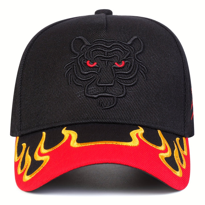 Gorra de béisbol para hombre con bordado de tigre en llamas, ajustable, protección solar, diseño en rojo y amarillo intenso, ideal para viajes en primavera y otoño y vacaciones en la playa