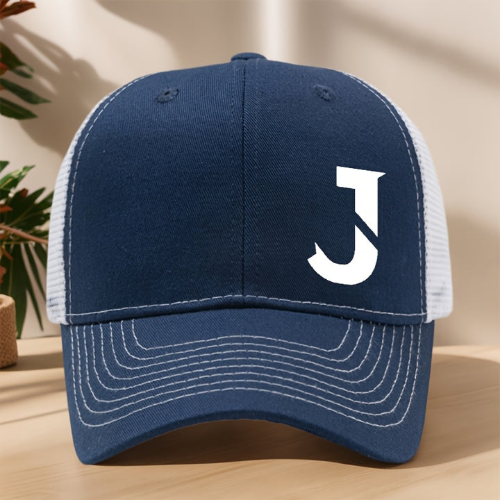 Gorra de béisbol con letra J impresa, diseño creativo - Gorra de malla transpirable y ajustable para primavera/verano, ideal para actividades al aire libre, deportes, senderismo, pesca y protección solar - Material de poliéster, tela sin estirar, liger...