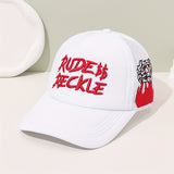 Gorra de béisbol bordada Rude Reckle - Espalda de malla transpirable, ajustable con cierre, diseño negro y blanco con detalles rojos, gorra casual unisex para hombres y mujeres, ropa de cabeza para exteriores | Gorra ajustable con cierre | Equipo de cabez