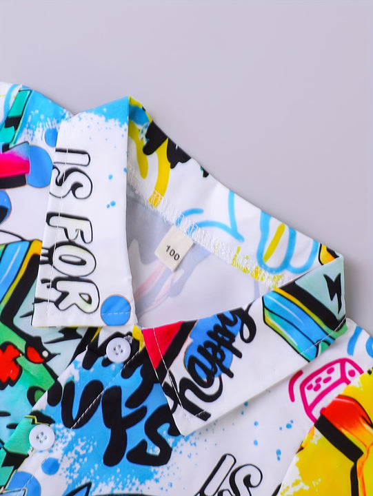 Conjunto de 3 piezas para Niños: Camisa Casual de Verano con Estampado Aleatorio y Cuello, Shorts y Sombrero Portátil - Ropa Deportiva Ligera y Cómoda para Actividades al Aire Libre, Ideal como Regalo para Jóvenes