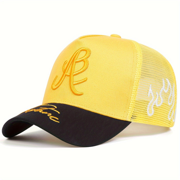 Gorra de béisbol bordada con llama lateral de malla para hombres, 100% poliéster, estilo deportivo, ligero, ajustable, con lavado a mano para al aire libre, viajes y vacaciones