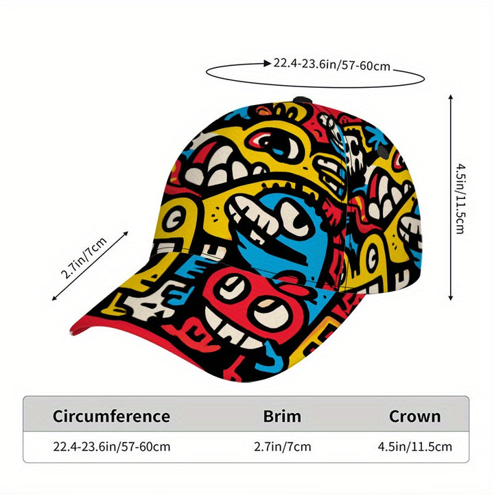1 gorra de béisbol divertida con estampado caótico de dibujos animados 2D - Gorra ligera de poliéster con diseño vibrante y caótico de cuerpo completo, ideal para correr, deportes y estilo urbano, eventos casuales y temáticos (Halloween/Navidad/Acción ...