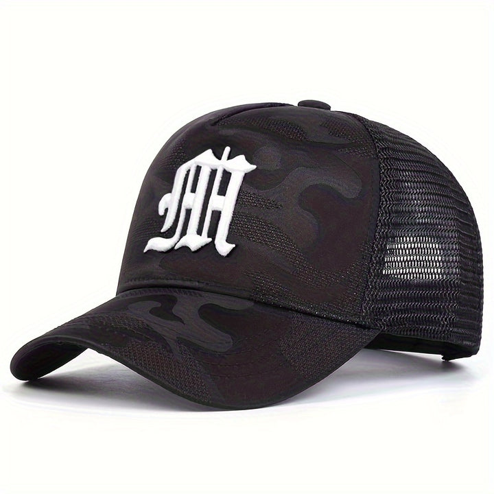Gorra de béisbol casual para hombres con diseño de letra M, 100% poliéster, ligero, ajustable, con malla trasera transpirable, para protección solar al aire libre, viajes y playa