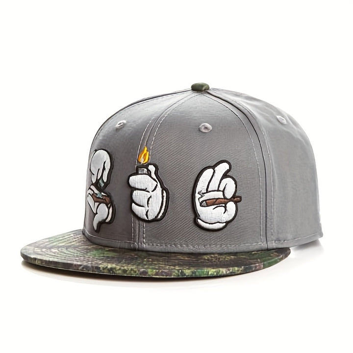 Gorra de béisbol con cierre de clic negro elegante, con gestos de mano bordados en blanco - Estilo unisex de hip-hop, poliéster, ajuste ajustable, perfecto para uso casual, ropa de cabeza casual | Gorra bordada | Equipo de cabeza duradero