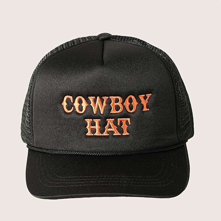 Gorra de béisbol con bordado COWBOY, ajustable con cierre de clic, espalda de malla transpirable, ligera y elegante para mujeres, golf y uso casual - Blanco con letras naranjas, borde negro, perfecta para la moda de verano, sombrero de vaquero.