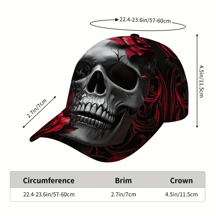 1 gorra de béisbol estilo hip-hop con calavera y flores - Gorra ajustable y transpirable de poliéster para viajes, fiestas en la playa y actividades al aire libre informales, ligera y lavable en máquina, regalo perfecto para Halloween, Navidad, Día de San
