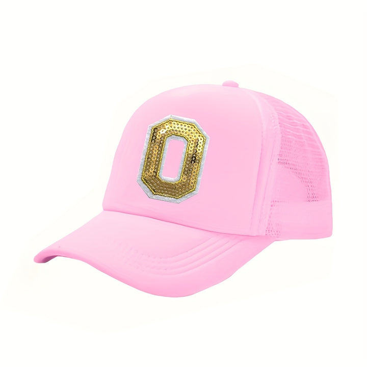 OKOIUM Gorra de Béisbol con Letras Brillantes para Niñas y Niños - 26 letras del alfabeto A-Z, Cierre Snapback Rosa Dorado Reluciente, Parte Trasera Transpirable en Malla, Tamaño Ajustable 4-10 años. Ideal como Sombrero Casual Diario o Fiestas Escolares (