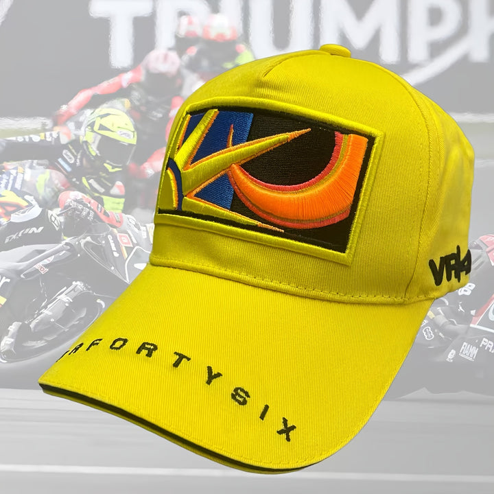 Gorra de béisbol bordada VR4 6 Diseño - Gorra de motocicleta amarilla con estrella y bandera, tejido ligero y transpirable, cierre ajustable con hebilla, incluye guantes de carreras y llavero para deportes de motocicleta y actividades al aire libre, eq...