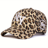 Gorra de béisbol para mujer con estampado de leopardo NY, ajustable con cierre de broche, ala ancha para protección solar, ideal para viajes al aire libre, fiestas en la playa y uso casual, accesorio para fiestas playeras | Gorra deportiva | Gorra teji...