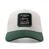 Gorra de Béisbol Cristiana para Hombres y Mujeres con Diseño del Versículo bíblico - Gorra Trucker Ajustable Snapback, Parte Trasera Transpirable en Red & Construcción de 6 Paneles, Ligero, Blanco/ con Escrituras Isaías 41:7 e Mateo 28:6, Sombrería Casual