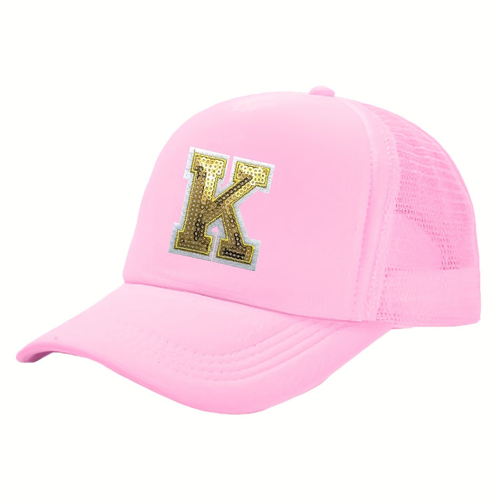 OKOIUM Gorra de Béisbol con Letras Brillantes para Niñas y Niños - 26 letras del alfabeto A-Z, Cierre Snapback Rosa Dorado Reluciente, Parte Trasera Transpirable en Malla, Tamaño Ajustable 4-10 años. Ideal como Sombrero Casual Diario o Fiestas Escolares (