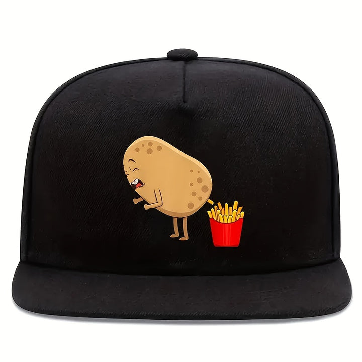 1 Gorra Ajustable de Béisbol con Estampado Divertido de Papa y Papas Fritas - Visera Plana Roja con Ribete Blanco, Estilo Streetwear Moderno para Hombres, Deportes al Aire Libre y Eventos Temáticos (Correa Ajustable)