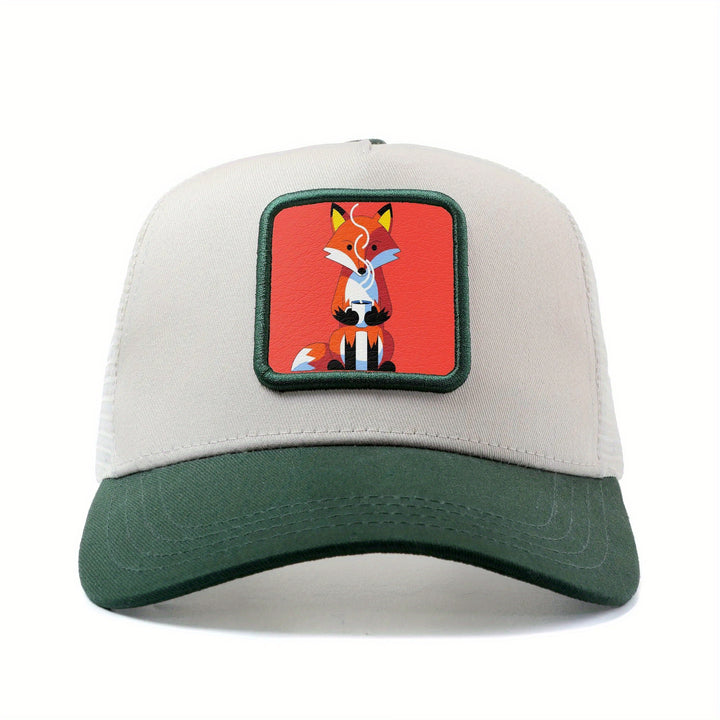 Gorra de Camionero Unisex de Anime con Zorro y Taza de Café - Gorra Ajustable con Cierre de Presión, Parte Trasera de Malla Transpirable, Diseño de 6 Paneles y Estilo Manga - Gorra Ligera para Verano, Casual, Skate (Gris/Rojo)