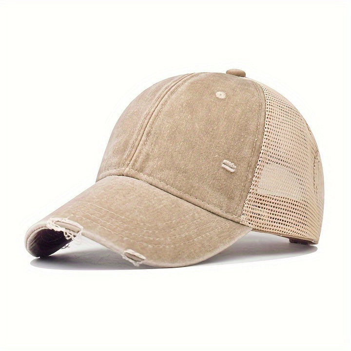 Gorra de Béisbol Transpirable para Mujer con Lavado Desgastado y Agujeros Aleatorios - Gorra Ajustable Snapback para Deportes al Aire Libre, Uso Casual - /Gris Oscuro/Beige/Amarillo, Sombrero de Malla Ventilada