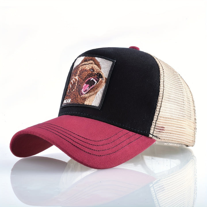 Gorra de basquetbol unisex, con diseño de oso bordado, casual, de poliéster, con parte trasera de malla respirable y cierre ajustable, ideal para verano