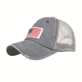 Gorra de béisbol con bandera desgastada y lavada, con soporte para cola de caballo - Gorra de camionero con espalda de malla transpirable, ajustable con cierre para golf, moda de verano con borde curvo para hombres y mujeres, golf Ca.