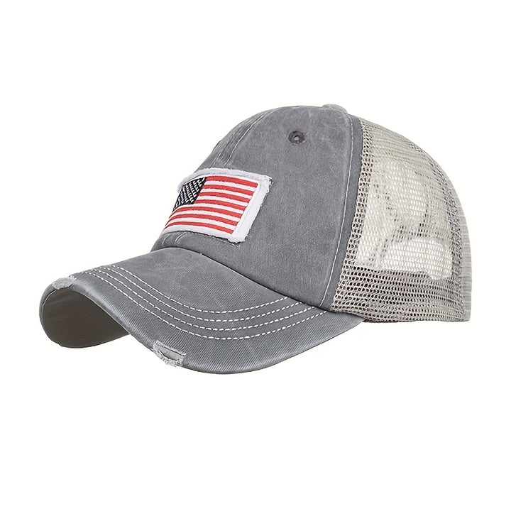 Gorra de béisbol con bandera desgastada y lavada, con soporte para cola de caballo - Gorra de camionero con espalda de malla transpirable, ajustable con cierre para golf, moda de verano con borde curvo para hombres y mujeres, golf Ca.