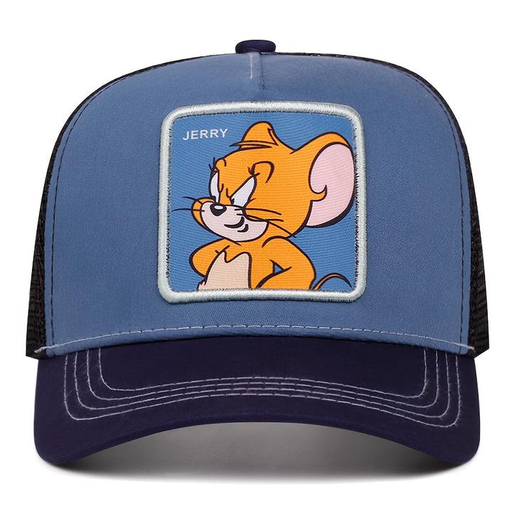 Gorra de Béisbol Oficial de WB - Personajes Icónicos (Tom, Jerry, Spike Mouse) Aplicación, Malla Ligera Blanca con Cierre, Gorra Casual para Todas las Estaciones, Accesorio para Fiestas