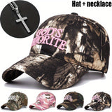 Juego de 2 piezas (gorra + collar) Gorra de béisbol con camuflaje y letras favoritas del dios para hombre, gorra deportiva transpirable de verano al aire libre, sombrero de sol unisex ajustable