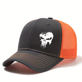 Gorra de béisbol unisex con estampado de cráneo, tamaño ajustable, verano, exterior, malla transpirable, gorra de camionero con borde curvo, adecuada para ocasiones informales como vacaciones, viajes y camping.