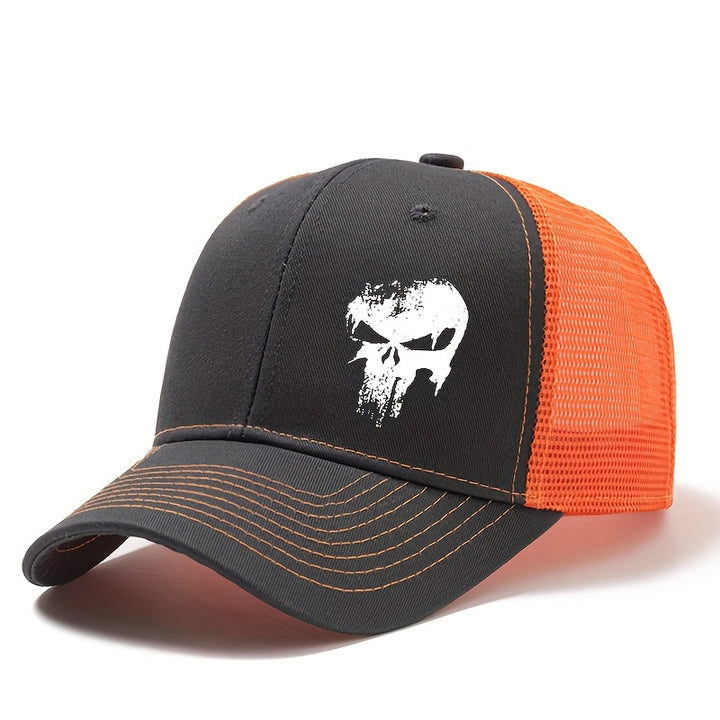 Gorra de béisbol unisex con estampado de cráneo, tamaño ajustable, verano, exterior, malla transpirable, gorra de camionero con borde curvo, adecuada para ocasiones informales como vacaciones, viajes y camping.