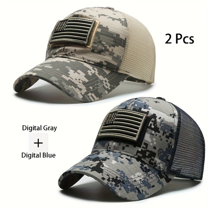 2 gorras de béisbol tácticas ajustables con diseño de bandera estadounidense, para hombre y mujer, transpirables con malla en la parte trasera y bordado de parche de la bandera de EE. UU., ideales para senderismo y pesca en todas las temporadas