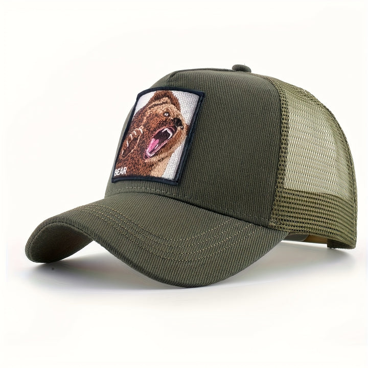 Gorra de basquetbol unisex, con diseño de oso bordado, casual, de poliéster, con parte trasera de malla respirable y cierre ajustable, ideal para verano