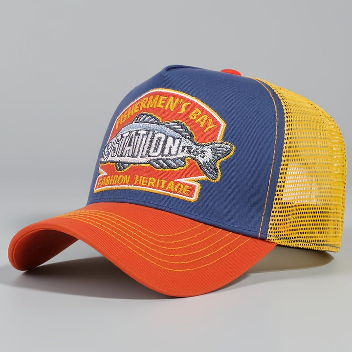 Gorra de Béisbol Ajustable Estilo Trucker para Hombres y Mujeres con Adorno de Pez, Parte Trasera de Malla Transpirable - Ideal para Pesca, Exteriores, Uso Casual - Unisex para Todas las Estaciones (Lavable a Mano)