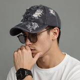 1 gorra de béisbol para hombre con estilo desgastado, camuflaje, estampado de vaca y manchas de leopardo - Gorra ligera de estilo urbano, estilo deshilachado para looks casuales, escuela, citas - Textura lavada (tejido sin elasticidad) - Ideal para la vue