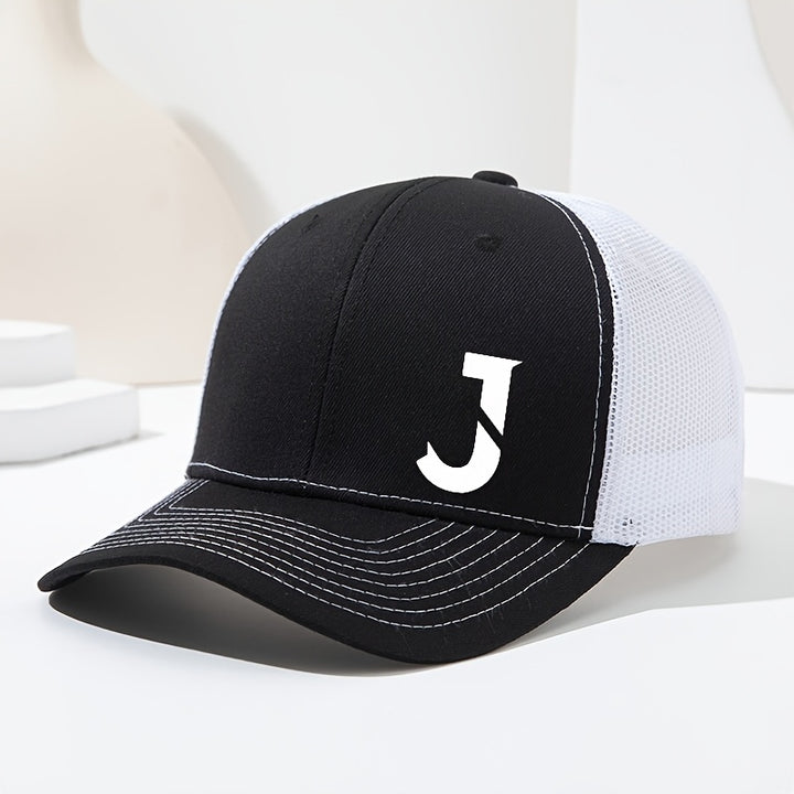 Gorra de béisbol unisex con letra J en el costado, diseño de malla transpirable y visera curva, ideal para primavera y verano. Gorra tipo trucker ajustable, perfecta para actividades al aire libre, deportes, senderismo y pesca