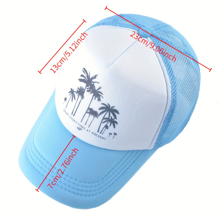 Gorra de béisbol de malla con patrón de árbol de coco, ajustable con cierre de clic, poliéster transpirable para hombres y mujeres, sombrero casual para vacaciones al aire libre, accesorio de playa.