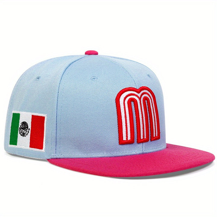 1 gorra de béisbol para mujer con bandera mexicana y letra M - ajustable, ligera y transpirable en bloques verde/rojo, emblema blanco M y motivos mexicanos para viajes de primavera/otoño, fiestas en la playa o looks casuales (lavado a mano)