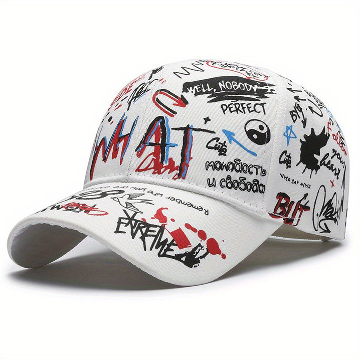 Gorra de béisbol estilosa con impresión de graffiti moderna, diseño hip-hop versátil y protección solar para estilos europeo y americano, disponible en 4 colores
