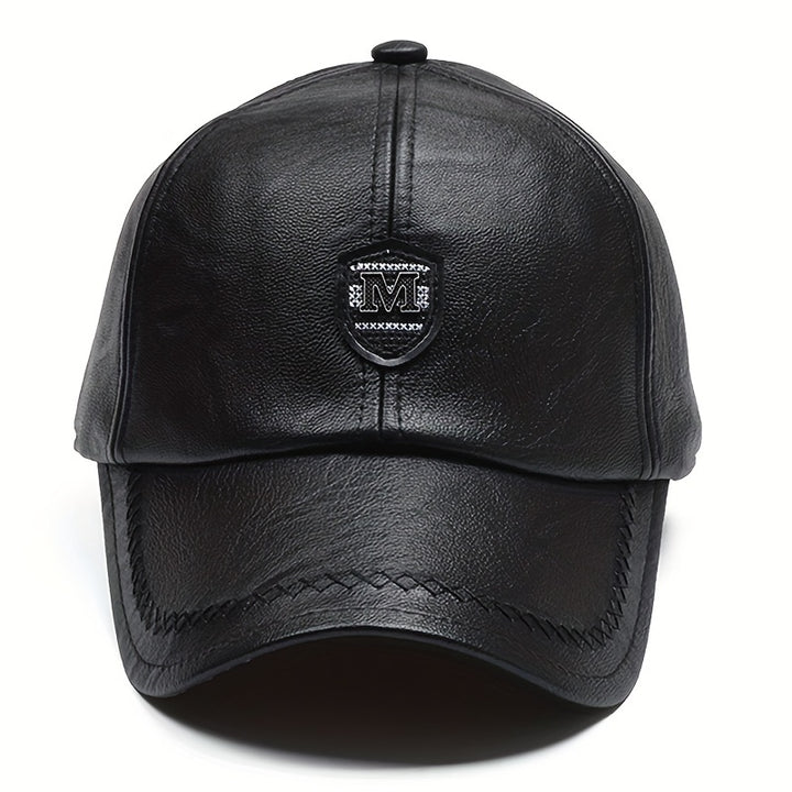 1 Gorra de béisbol de cuero sintético negro elegante para hombre con ajuste de presión - Ligera, duradera y transpirable para actividades al aire libre, viajes, fiestas en la playa y uso casual, gorra de moda de primavera | Gorra de ajuste de presión |...