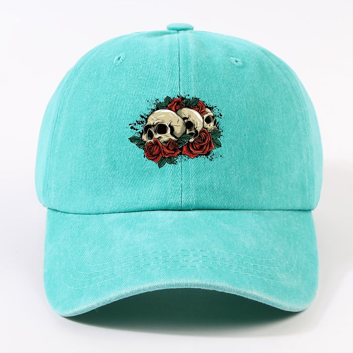 1 Gorra de béisbol impresa con un solo auricular, lavada a mano, ajustable, ligera, no elástica, con tema de vacaciones, diseño de rosa y calavera, para hombres, mujeres, ciclismo urbano al aire libre, todas las estaciones.