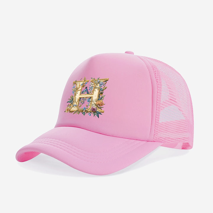 Gorra Trucker para Jóvenes con Diseño de Letra A Floral Dorada - Protección Solar Transpirable, 100% Poliéster, Cierre Ajustable con Broche, Rosa para Primavera/Verano, Regreso a Clases y Día del Maestro (Edades 3-14)