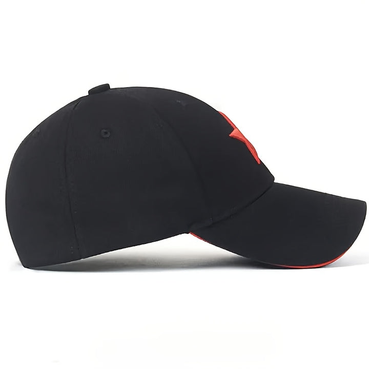 Gorra de béisbol negra casual con estrella roja bordada, 100% poliéster, sombrero para el sol, unisex, ajustable, ideal para regalo en pareja