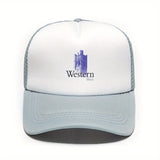 1pc Gorra de Béisbol Estilo Trucker con Logo de Música Occidental - Sombrero de Papá Transpirable en Poliéster con Panel Frontal Blanco y Visera Rosa, Gráfico de Nota Musical y Sombrero Vaquero, Ropa Casual Unisex para Hombres y Mujeres, Accesorio para Di