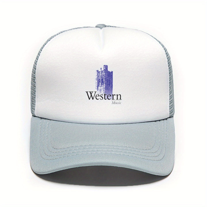 1pc Gorra de Béisbol Estilo Trucker con Logo de Música Occidental - Sombrero de Papá Transpirable en Poliéster con Panel Frontal Blanco y Visera Rosa, Gráfico de Nota Musical y Sombrero Vaquero, Ropa Casual Unisex para Hombres y Mujeres, Accesorio para Di