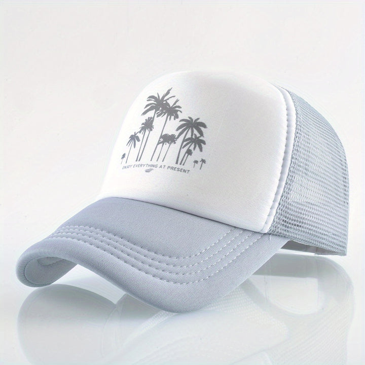 Gorra de béisbol de malla con patrón de árbol de coco, ajustable con cierre de clic, poliéster transpirable para hombres y mujeres, sombrero casual para vacaciones al aire libre, accesorio de playa.
