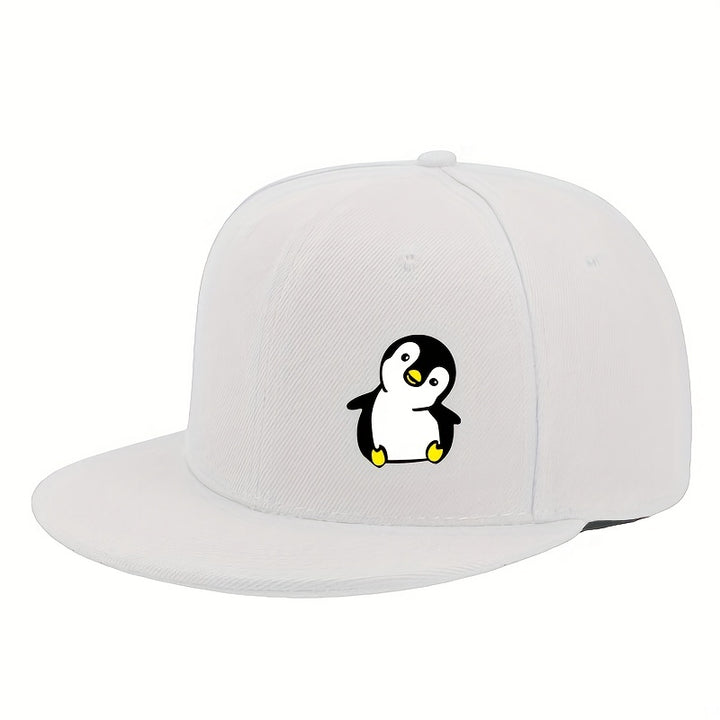 Gorra Plana Unisex de Hip-Hop con Estampado de Pingüino Urbano, Color Sólido y Ajustable para Exteriores