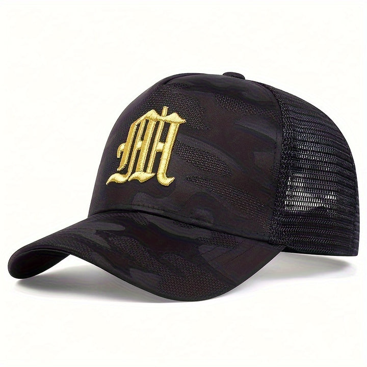 Gorra de béisbol casual para hombres con diseño de letra M, 100% poliéster, ligero, ajustable, con malla trasera transpirable, para protección solar al aire libre, viajes y playa