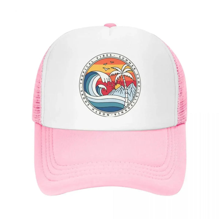 Gorra de béisbol Y2K California Beach Surfing Snapback para hombres y mujeres, tela de poliéster elástica mediana, estilo veraniego de surfista, lavable en máquina, plástico PVC - Blanco y Negro
