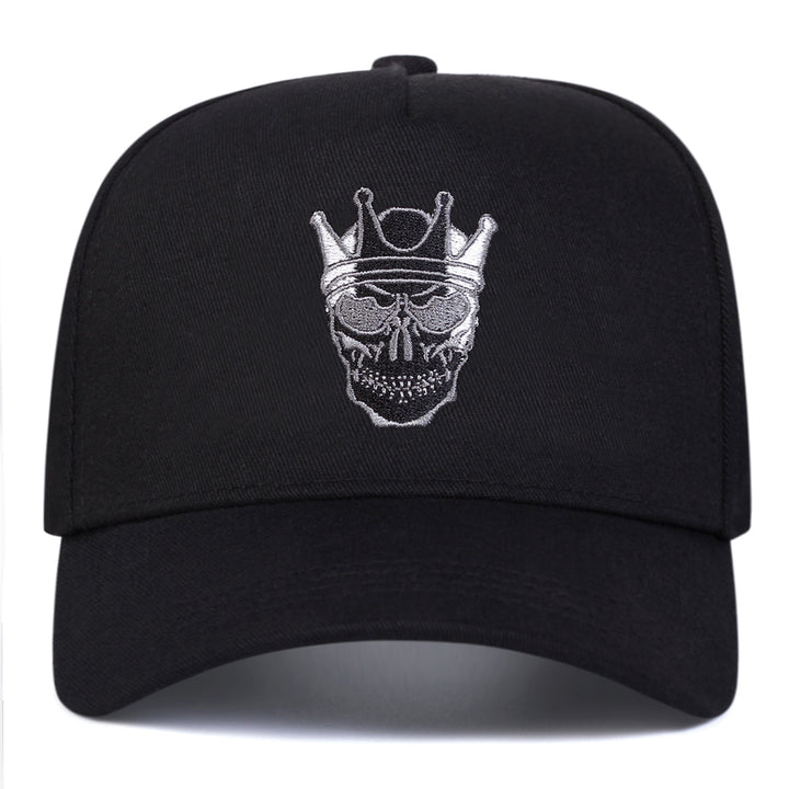 Gorra de Béisbol para Hombre con Corona de Calavera - Sombrero Ajustable de 5 Paneles con Visera Plana, Poliéster Ligero, Negra con Logo Blanco, Perfecta para Actividades al Aire Libre de Primavera/Verano, Viajes y Fiestas en la Playa, Accesorios de Playa