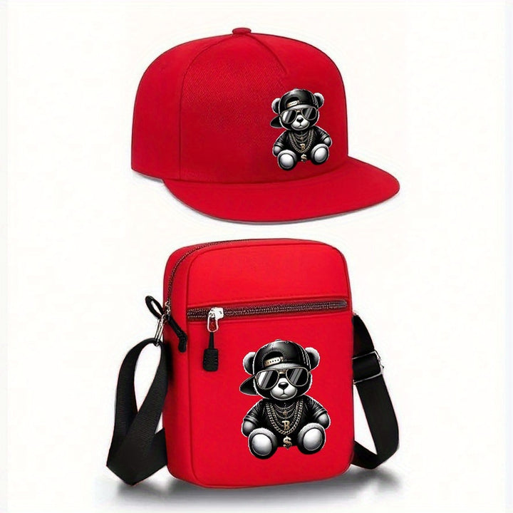 2 piezas, Gorra de Béisbol con Visera Curva y Bolso Bandolera Unisex Estampado Oso Hip-Hop, Moda Urbana Deportiva al Aire Libre Sombrero Ajustable Con Funda, Regalo para Él o Ella, Accesorio de Streetwear,Estilo Urbano,Gorra de Moda,Moda Hiphop,Ajuste Aju